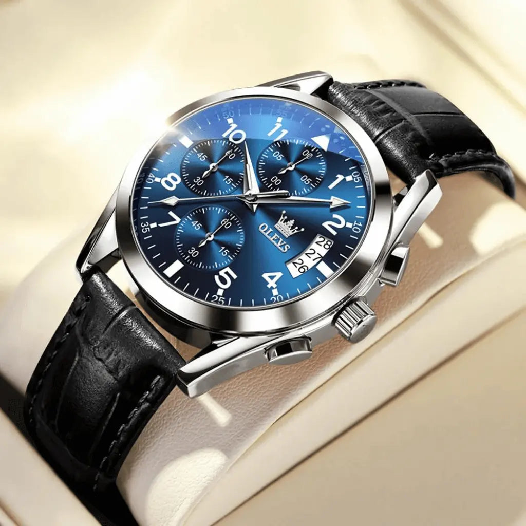 Olevs Montre Homme Bracelet en Cuir Rennes | Bleue