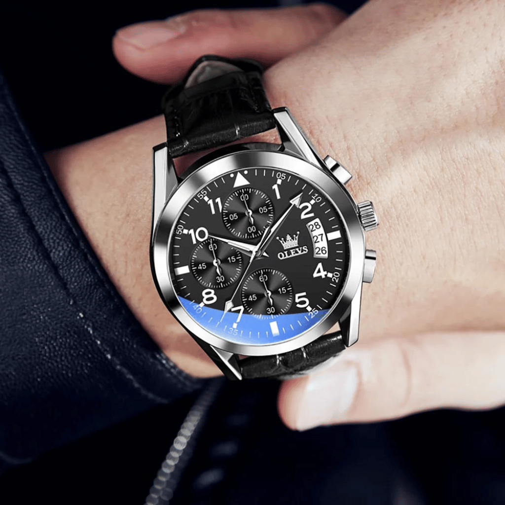 Olevs Montre Homme Bracelet en Cuir Rennes | Noire